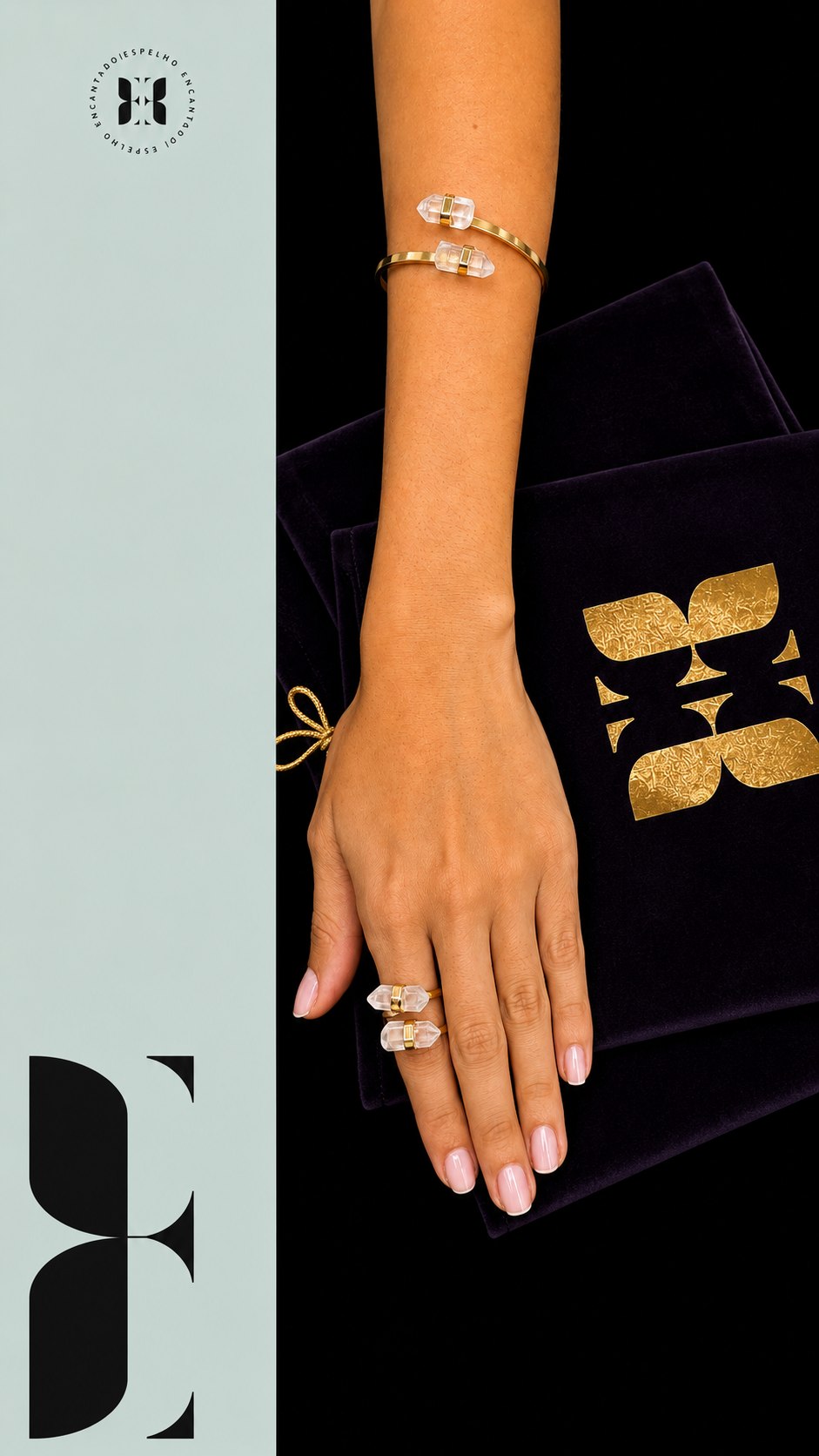 Anel e bracelete quartzo cristal (dourado)