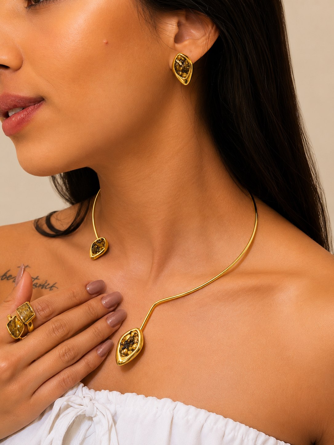 Conjunto Gargantilha olho de tigre + Brinco