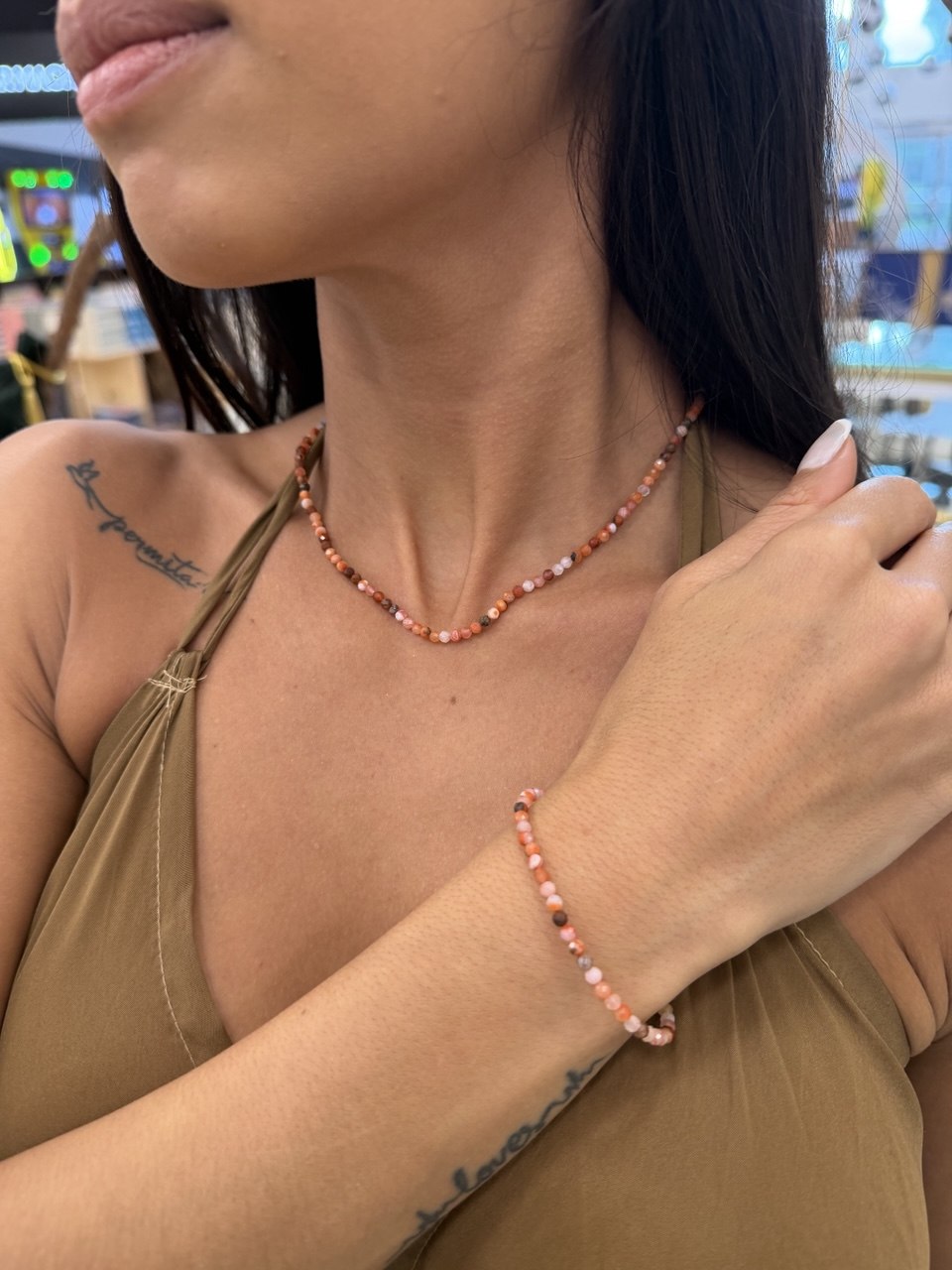Conjunto Micro Agata Cornalina Colar + Pulseira